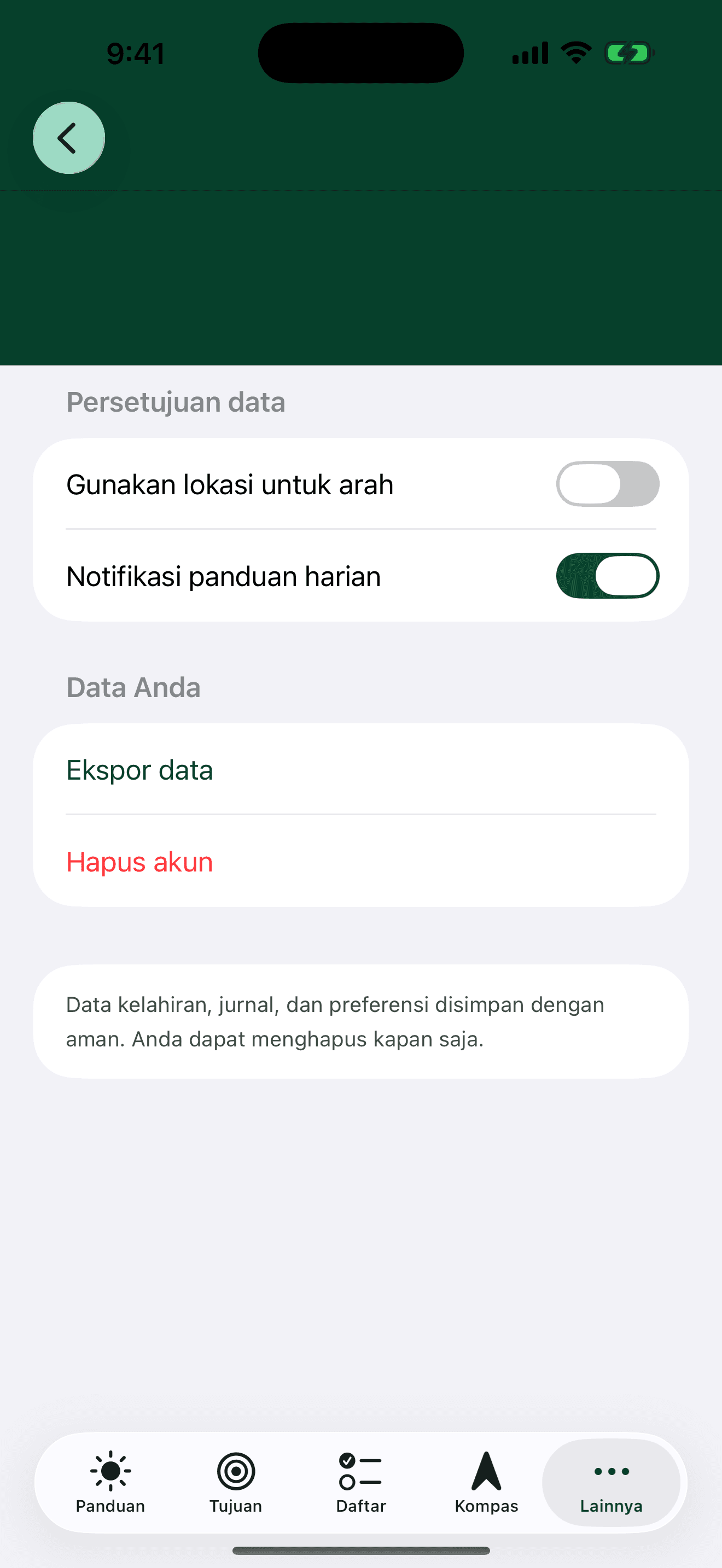 Layar privasi dan persetujuan